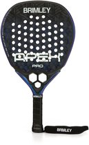 Zwarte padelracket met blauw metaalkleurig verloop, 'APEX PRO' logo en gestructureerd slagvlak.