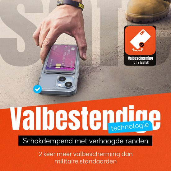 Hand die een transparante telefoonhoes met blauwe creditcard laat vallen. "Valbescherming tot 2 meter" staat in de afbeelding.
