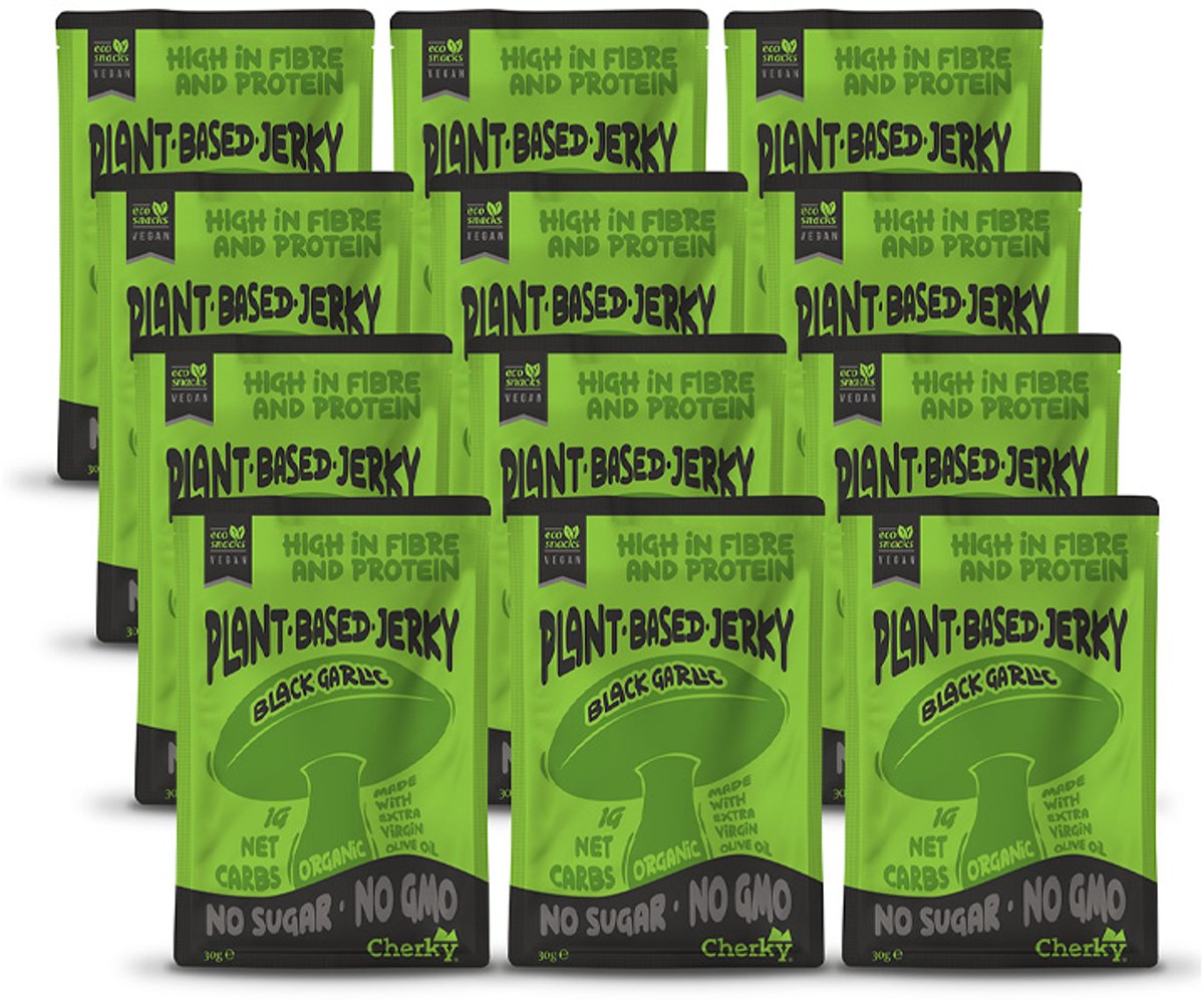 Cherky | ECO Plant Based Jerky | Black Garlic & Coffee | 12 Stuks | 12 x 30 g