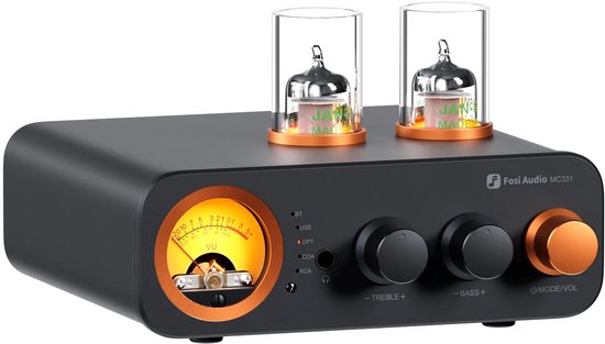 Zwarte Fosi Audio MC331 versterker met twee gloeiende vacuümbuizen, een VU-meter en oranje draaiknoppen.
