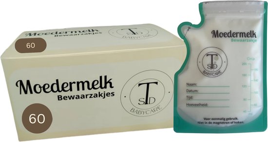 Doos met 60 stuks bewaarzakjes voor moedermelk, met groene rand en maataanduiding. Eén zakje is apart getoond.