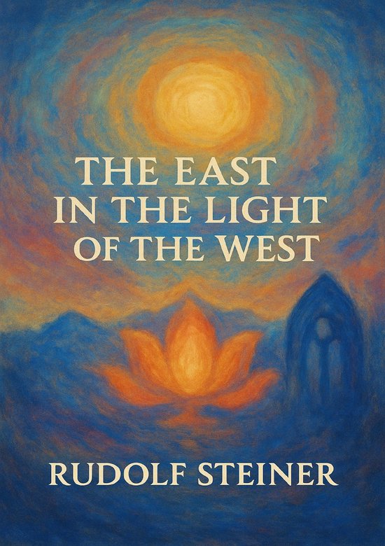 Boek 'The East in the Light of the West' van Rudolf Steiner, met een zonsopkomst, lotusbloem en een gebouw.