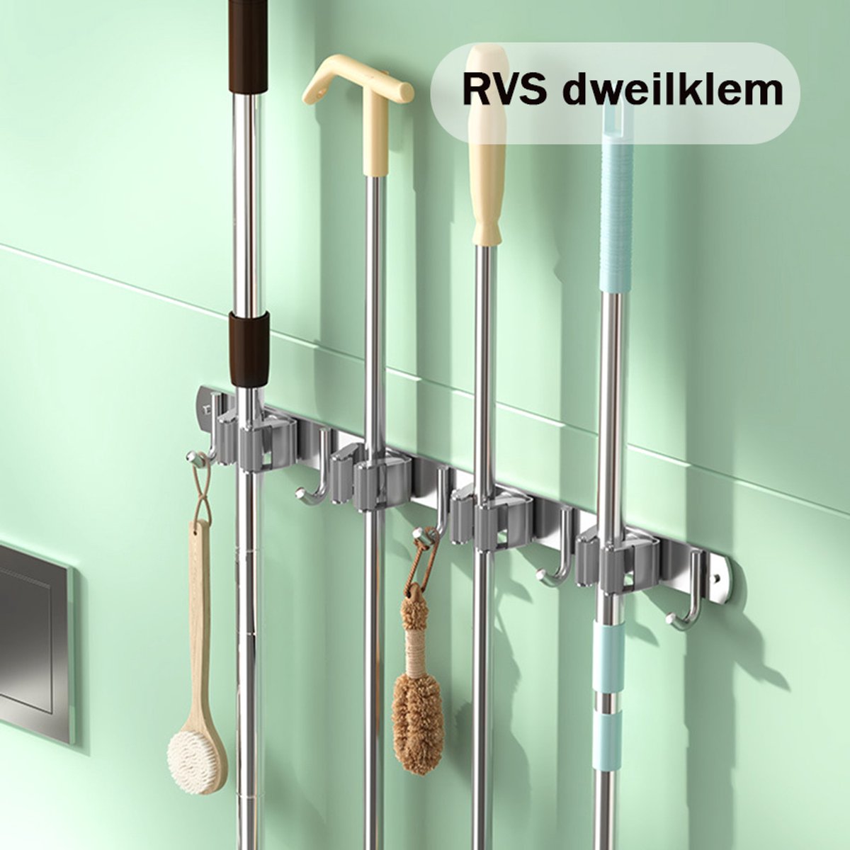 Crrynuo Bezemhouder - Bezem Ophangsysteem - 4 Houders 5 Haken - Tuingereedschaphouder voor Tuingereedschap - RVS