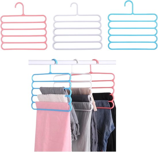 Cintres multifonctions 6 pièces à 5 niveaux - Cintres multifonctions à plusieurs couches - Cintres en plastique 5 en 1 - Cintres peu encombrants pour armoires, chemises, cravates, pantalons - Espace de rangement dans le placard - Blauw, rose, blanc