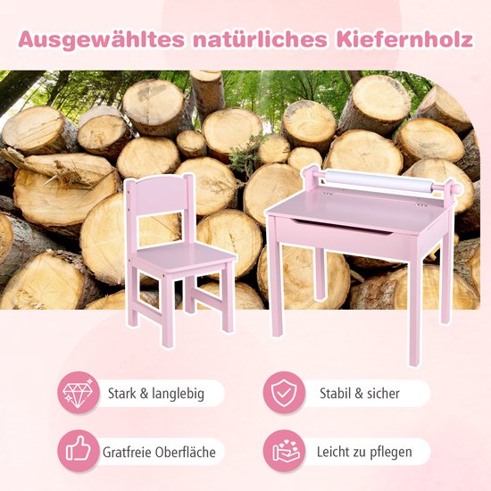 thumbnail: COSTWAY Roze Kinderbureau Met Stoel - Inklapbaar Tafelblad, Papierrolhouder En Markeerstiften | Jeugdbureau Voor Kinderen Vanaf 3 Jaar