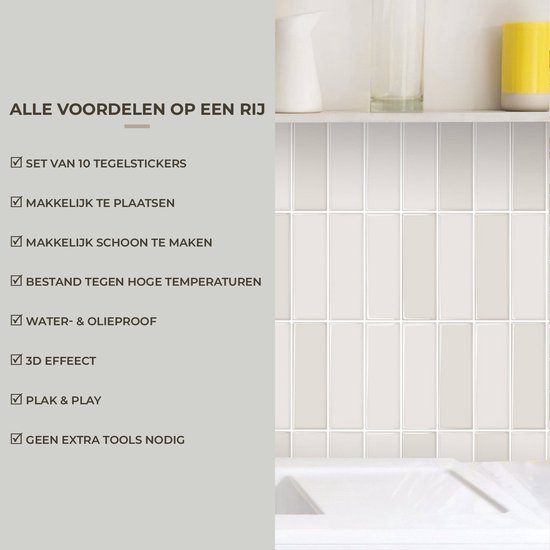 Lijst van voordelen: set van 10 tegelstickers, makkelijk te plaatsen, makkelijk schoon te maken, bestand tegen hoge temperaturen, water- en olieproof, 3D-effect, plak & play, geen extra tools nodig.