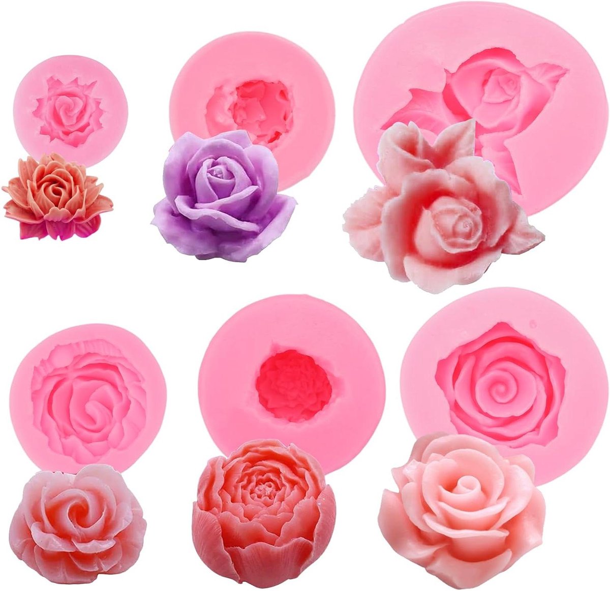 Allecto Plus - 3D Siliconen Vormen Bloemen Roos Pioenrozen Kaarsen DIY Handgemaakt 6 stuks