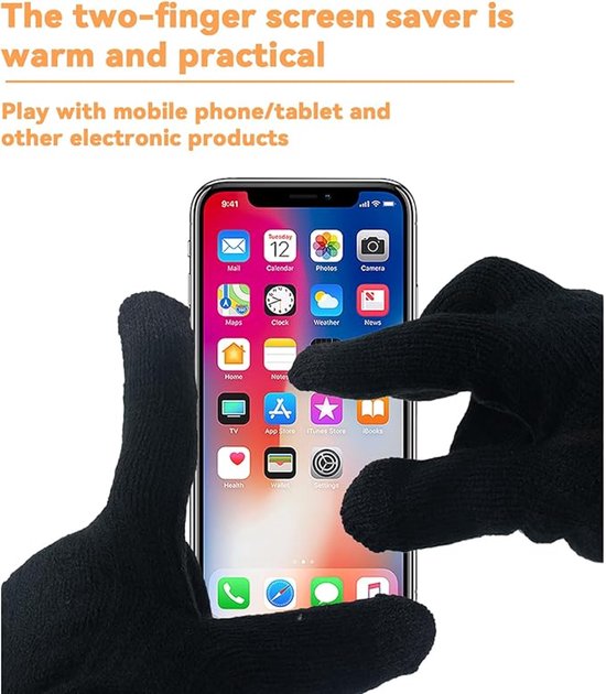 Zwarte handschoenen bedienen een smartphone met de twee wijzervinger tips. Tekst: The two-finger screen saver is warm and practical.