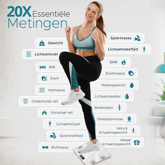 e.volve S5 Weegschaal Personenweegschaal Digitaal - Slimme Weegschaal met 20x Lichaamsanalyse - Incl. App - Wit - Digitale Weegschaal