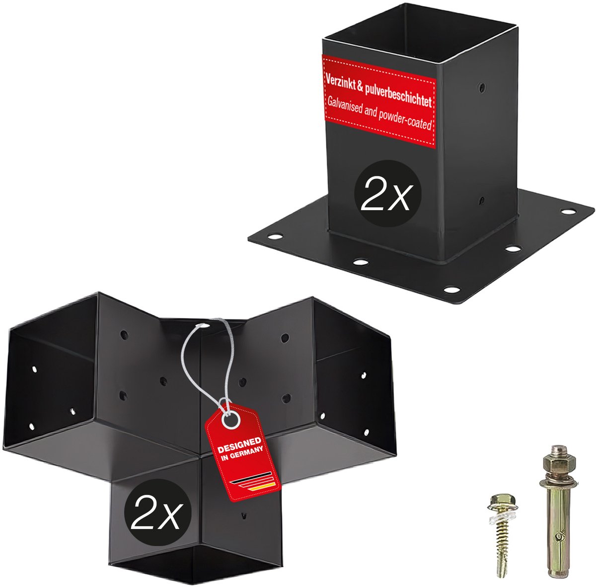 SOTECH bevestigingsset 4-delig (2x hoekverbinders + 2x grondhulzen) vierkant 90 x 90 mm staal verzinkt en zwart gepoedercoat voor maximale corrosiebescherming, verbinder voor aluminium- en houtconstructies