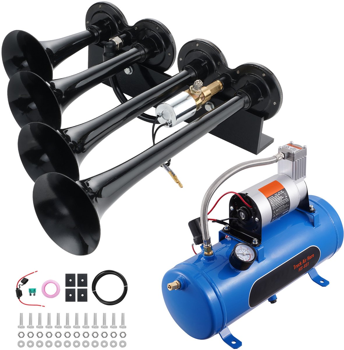 4-Trompet Luchthoornset, 150 DB Luchthoorn met 12 V 120 Psi Compressor, 1,6 Gallon Tank En Manometer voor Pick-Ups, Auto'S, Bestelwagens, Boten