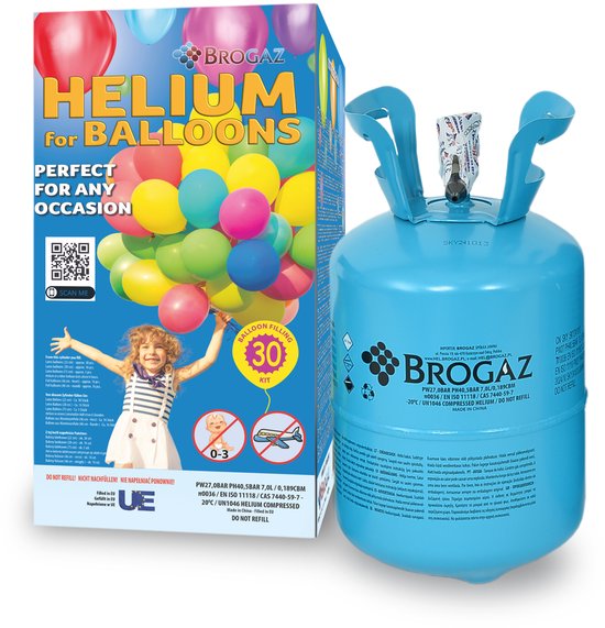 Lichtblauwe heliumtank van Brogaz met 30 ballonnen op de doos, een kind en de tekst 'HELIUM for BALLOONS'.