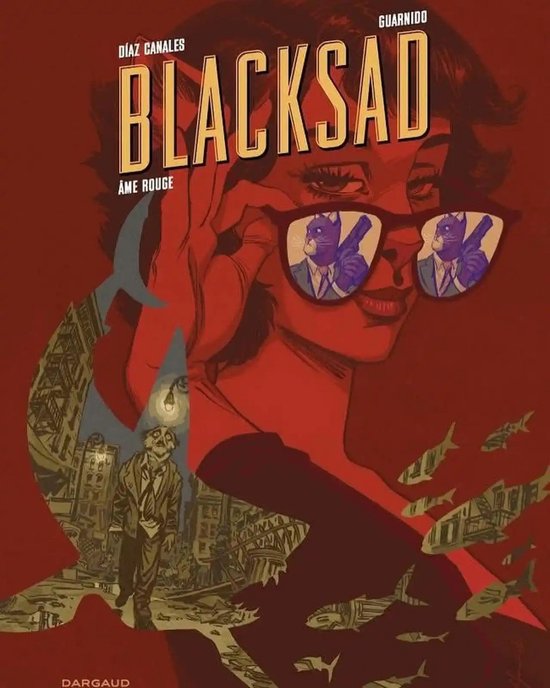 Boekomslag van Blacksad met een vrouw die een bril draagt, reflecties van twee katten met pistolen in de bril.