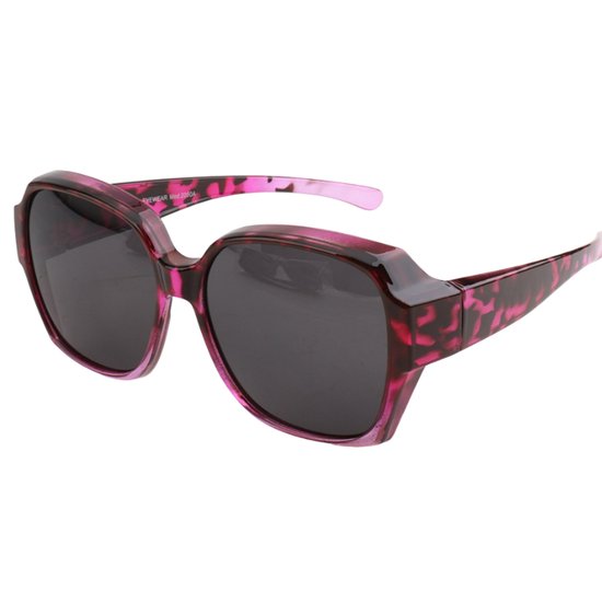 Grote roze panterprint zonnebril, met donkergrijze glazen, op een witte achtergrond.