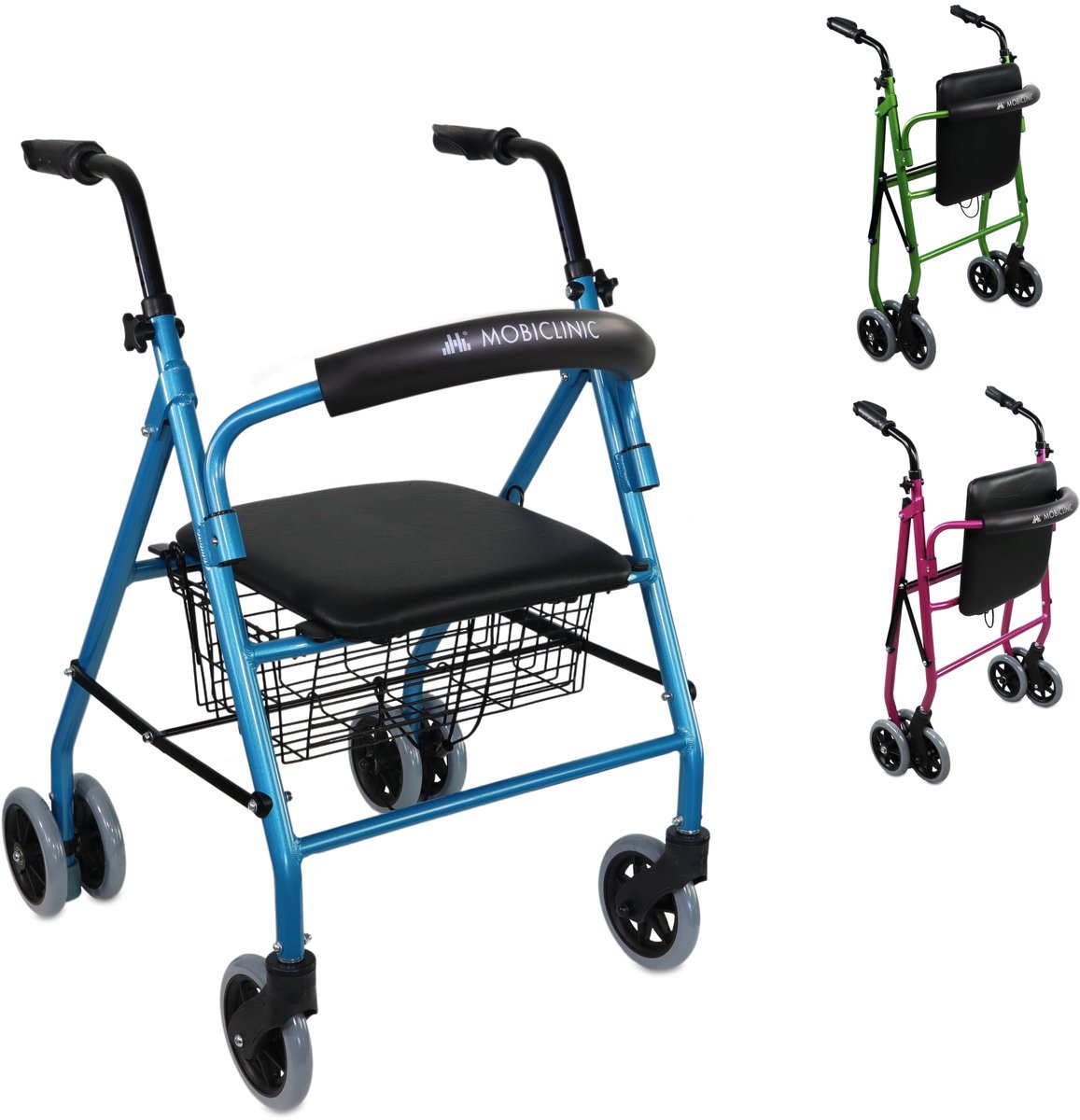 Goedkoopste Mobiclinic Prado - Rollator - Looprek met 4 wielen - Stoel en Rugleuning - Opvouwbare en Verstelbare in Hoogte - Lichtgewicht - Aluminium - Zitting en mandje - Drukremmen - Blauw