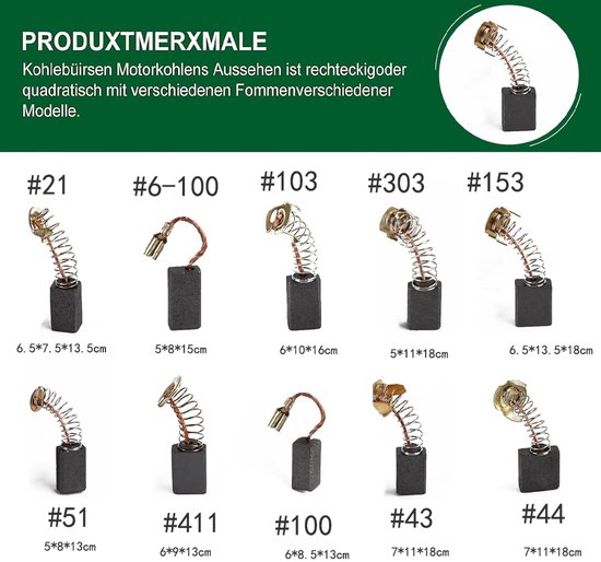 Koolborstels 10 X - Koolborstels Zaagtafel - Universele Koolborstels - Koolborstelset - Power Tool Carbon Borstels Vervanging - 10 Maten - Voor Een Elektromotor, Boormachines, Hoekslijpers, Schuurmachines - Reserveonderdelen Voor Elektromotor