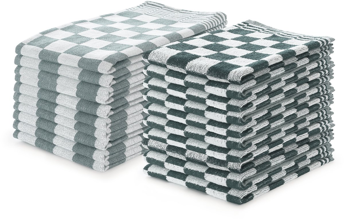 LINNICK Theedoeken en Keukendoeken Set Donker Groen - set van 20 – Geblokt – Blokdoeken – 100% katoen – 10 Horeca Theedoeken – 65x65cm - 10 Keukendoeken - 50x50cm