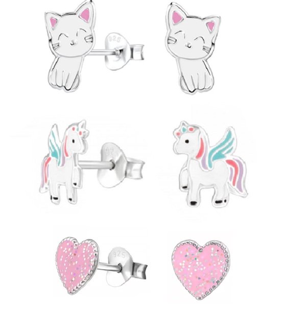 Boucles d'oreilles Kinder La Rosa Princesa en argent, motif licorne, chat et Bloem, Set de 3 paires – Argent sterling 925