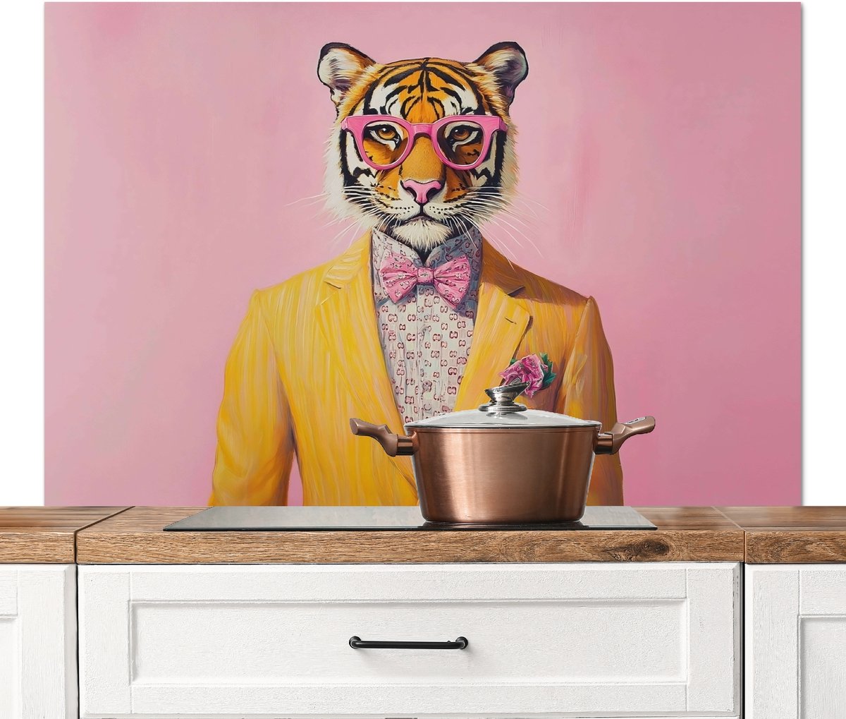 Spatscherm keuken 120x80 cm - Kookplaat achterwand Tijger - Bril - Geel - Jasje - Muurbeschermer - Spatwand fornuis - Hoogwaardig aluminium