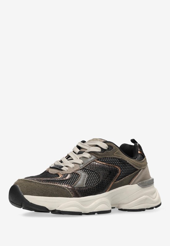 Groene dames sneaker met bruine slangenhuidprint en beige veters, van de zijkant gezien.