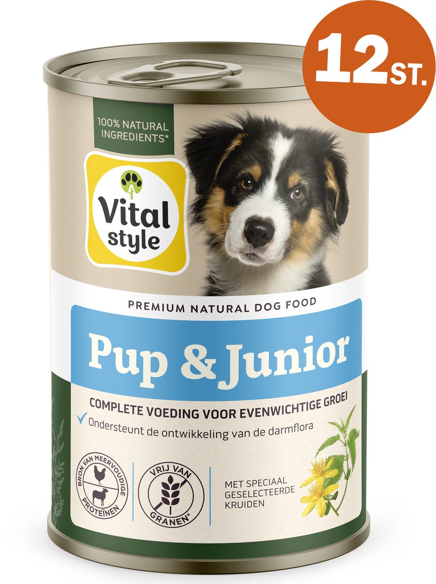 VITALstyle Pup & Junior - Puppyvoer - Natvoer - Ondersteunt Een Geleidelijek Groei - Met o.a. Brandnetel & Zalmolie - 12 x 400 g