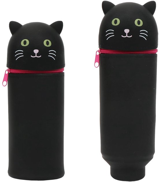 Twee zwarte siliconen etuis in de vorm van katten, met rits en gezicht. Eén groter, één kleiner.