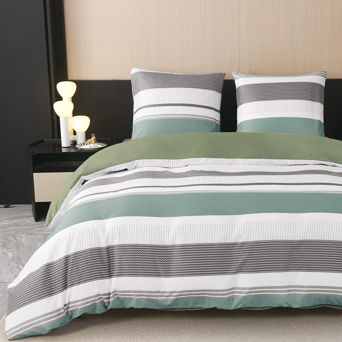 Ibenzoa® Beddengoed Set 135x200 cm Saliegroen Gestreept Microvezel inclusief Kussenhoes 80x80 cm