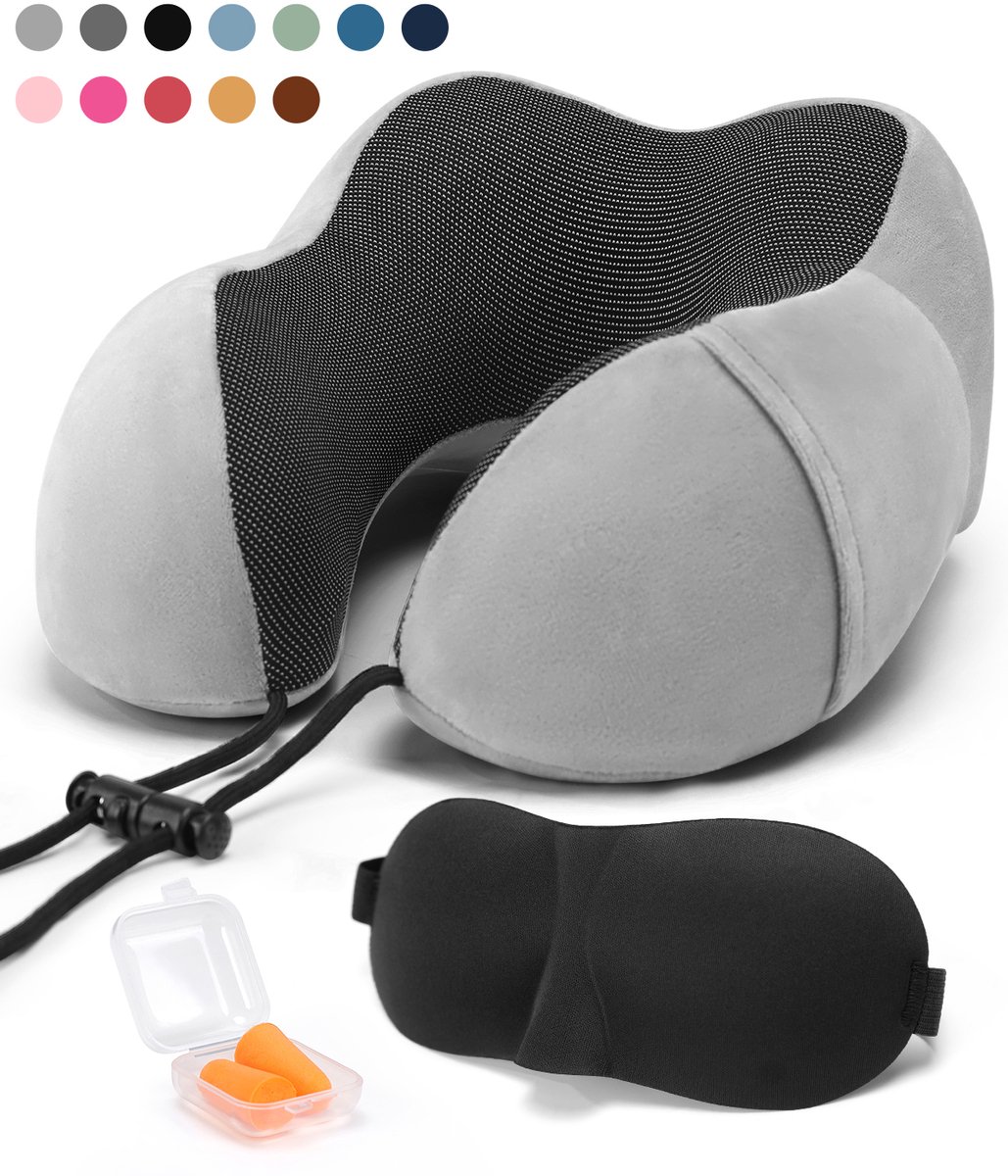 SKYCASES Travel Essentials - Nekkussen Set 3-delig - Ergonomisch Memory Foam Reiskussen met Oogmasker en Oordoppen - Ideaal voor Vliegtuig, Auto en Trein - Compact en Luxe - Lichtgrijs