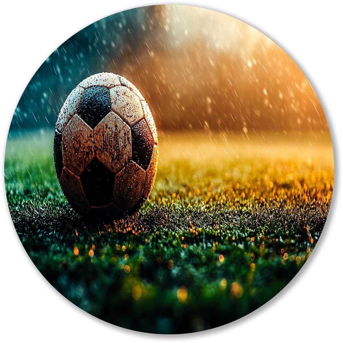Voetbal op grasveld in regen - Voetbal schilderij rond - Ronde muurdecoratie bal - Hyperrealisme - Wandobject Forex rond - Mid-century modern schilderij - muurcirkel forex 70x70 cm