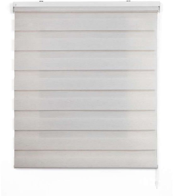 Wit duo rolgordijn met horizontale banen van transparant en verduisterend textiel.