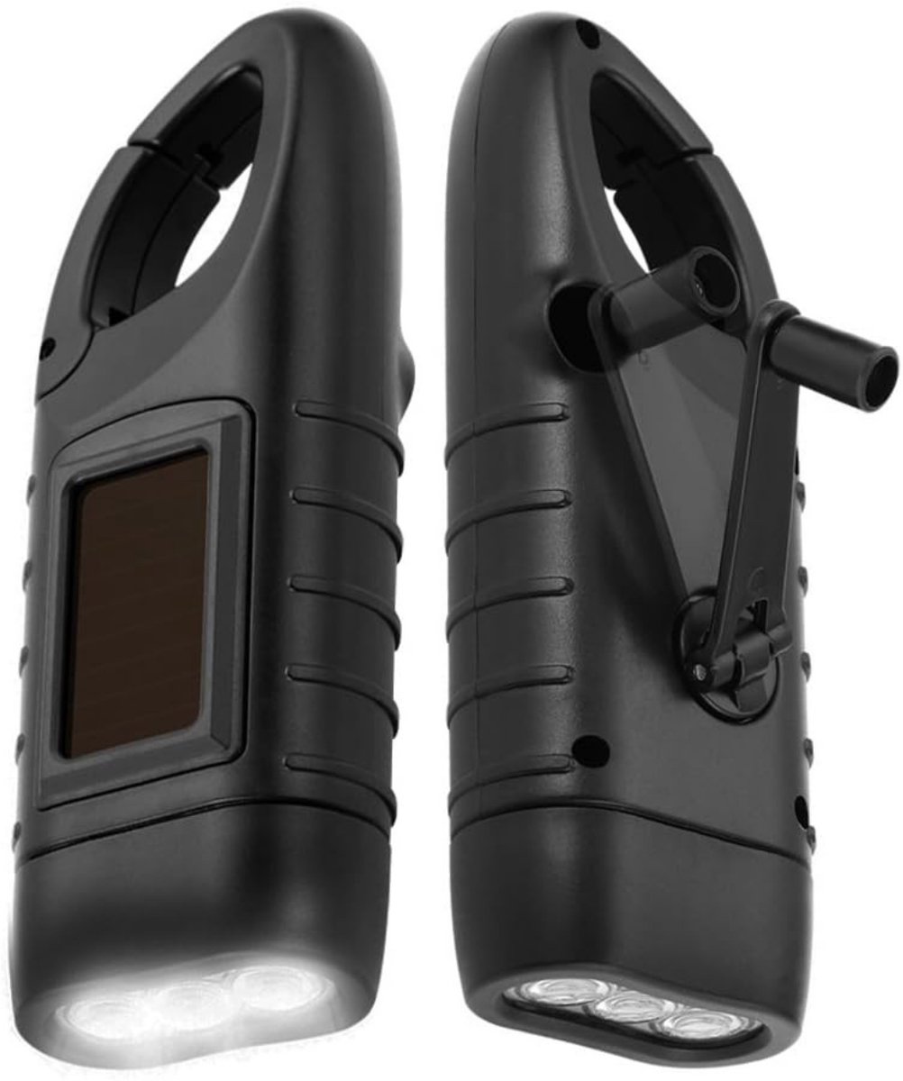 JustValue Opwindbare Zaklamp - Militaire zaklamp - LED Knijpkat - Noodverlichting - Dynamo - Zonne-energie - Solar - Zwart