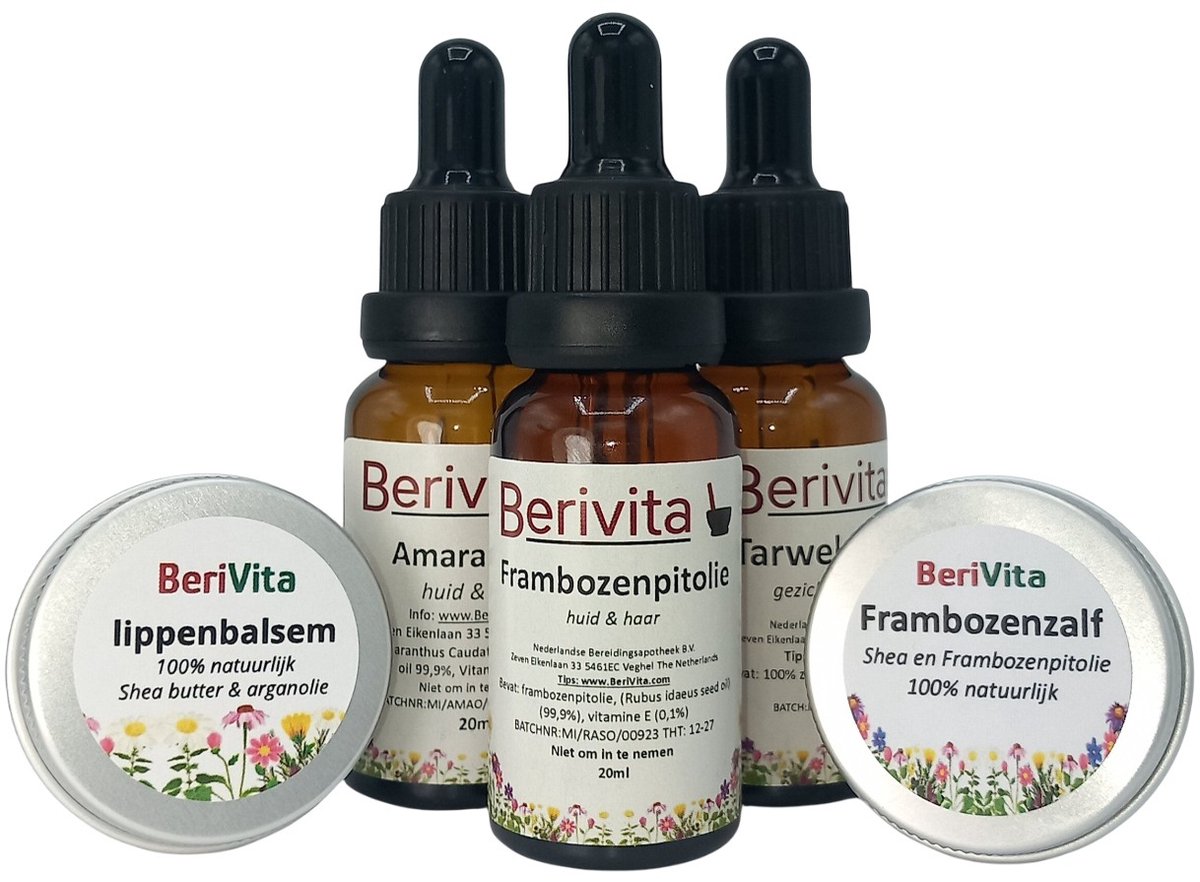 Goedkoopste Zomer Zon Pakket - 100 Natuurlijke Huidverzorging - Amarantolie 20ml, Frambozenolie 20ml, Tarwekiemolie 20ml, Frambozenzalf 15ml, Lippenzalf 15ml