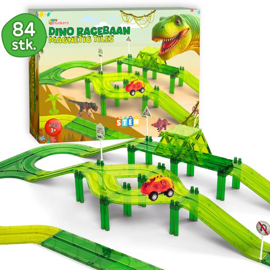 Dino Magnetic Tiles Racebaan met 84 stuks - Dinosaurus Speelgoed - Dino Speelgoed - Magnetische Tegels - Dinosaurus Racebaan - Montessori Bouwspeelgoed - Constructiespeelgoed