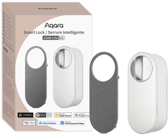 Verpakking van een Aqara Smart Lock U200 Lite Kit met een wit deurslot en grijze sleutel.