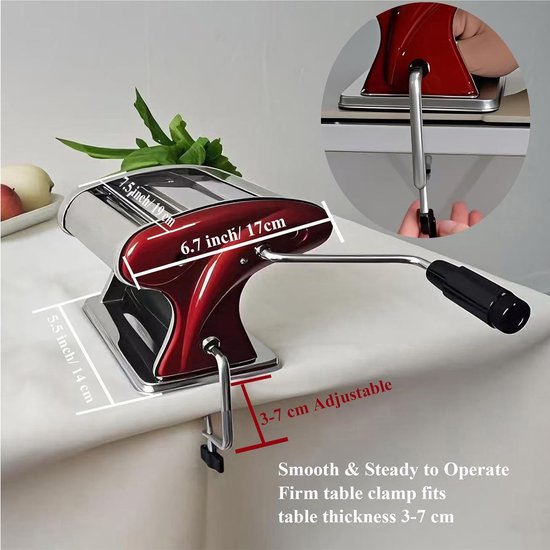 Pastamachine - Handmatig - Pasta Maker - Noedels Maker - Multifunctionele Pastamaker - Zelf Pasta Maken - met 2 messen (2mm/4mm) - Compacte Pasta Maker - Met 6 Instelbare Dikte Instellingen - Dumpling Roller - Met Extra's - RVS - rood van Merkloos — afbeelding 4