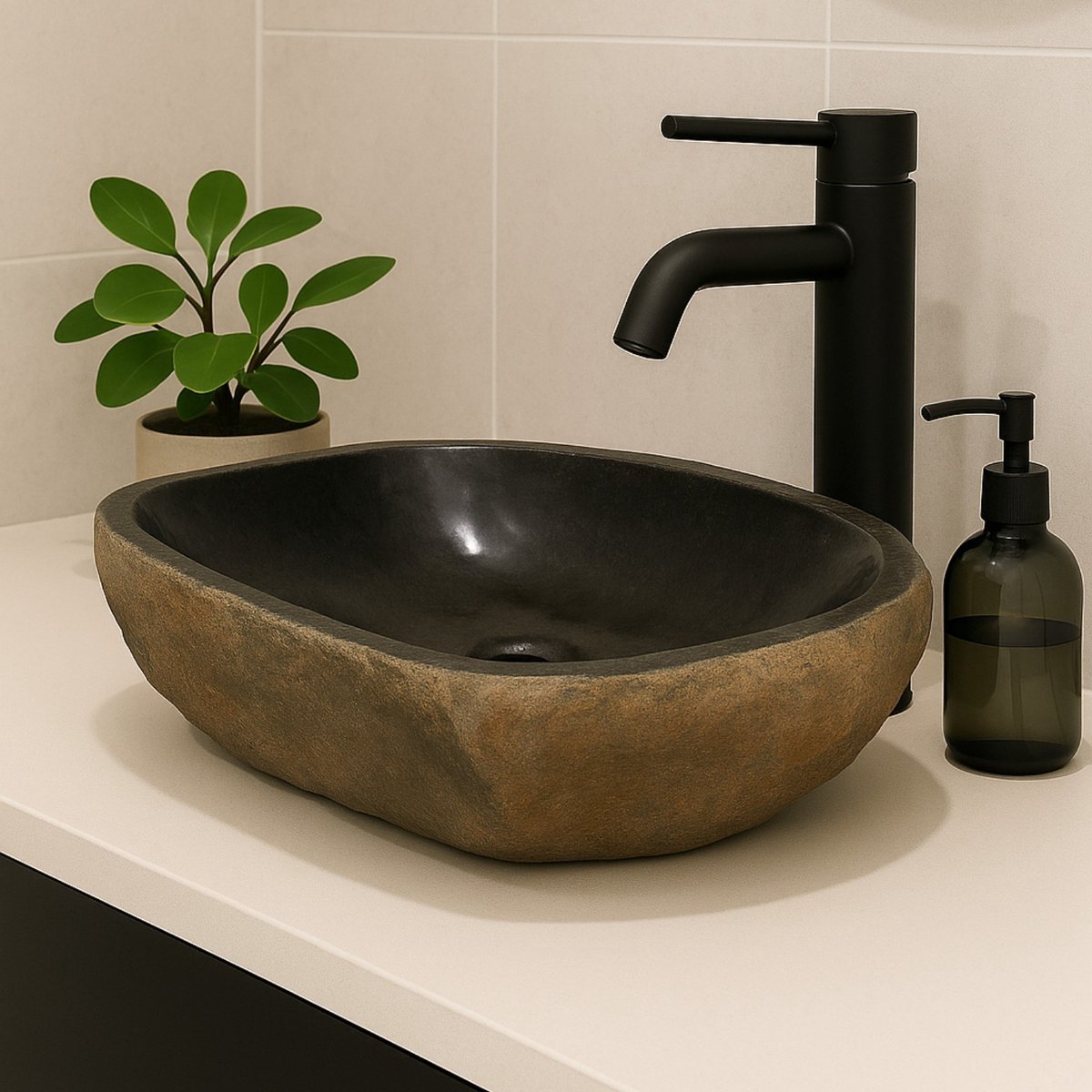 Lendo Online Wastafel ovaal (46-53)x(34-40) cm riviersteen - natuursteen roestkleurig - wasbak voor badkamer - spoelbak - waskom - unieke vorm en kleur!