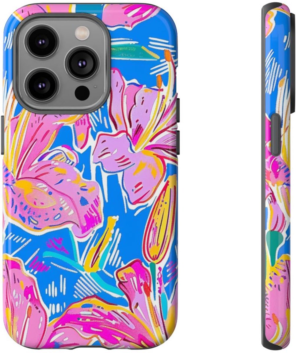 Felroze en Gele Bloemenprint – Telefoonhoesje Geschikt voor iPhone 14 Pro