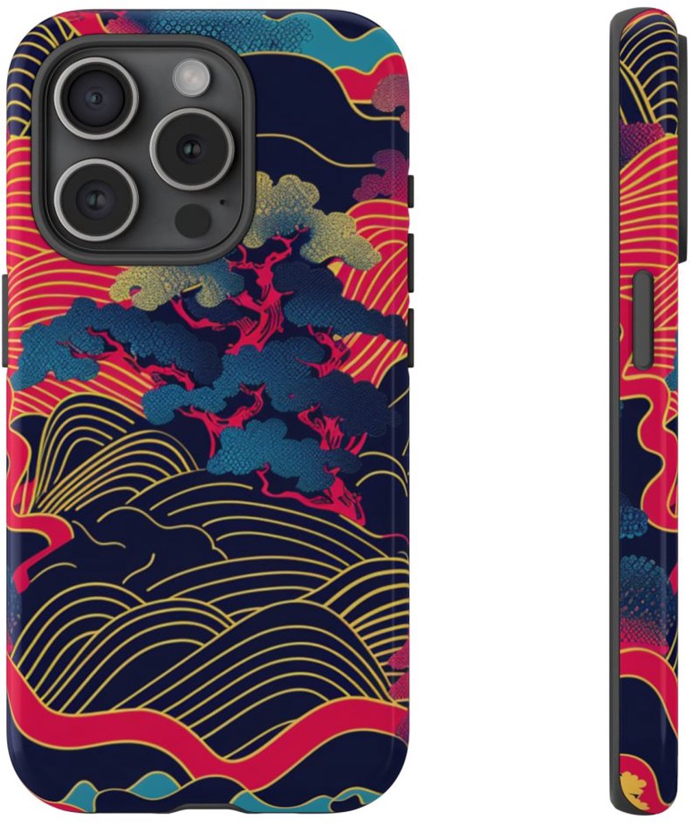 Neon Japanse Landschapspatroon – Telefoonhoesje Geschikt voor iPhone 15 Pro