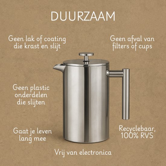 Roestvrijstalen koffiezetter met tekst: "DUURZAAM". Geen lak of coating, geen plastic, recyclebaar, vrij van elektronica.