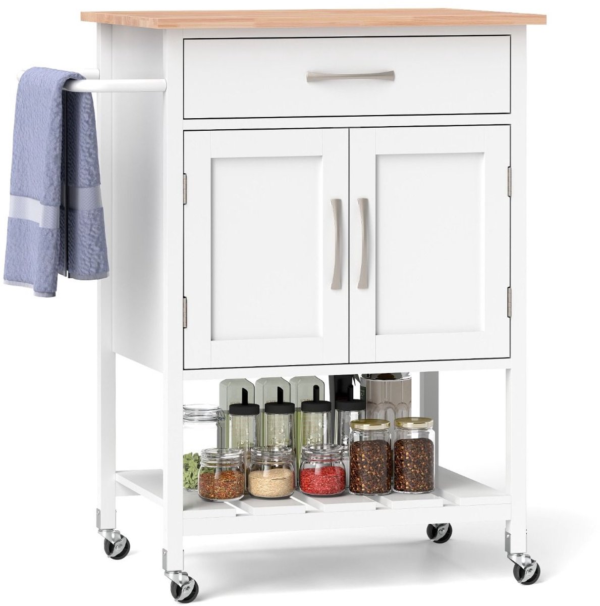 Keukeneiland - Verplaatsbaar - Keukenkast - Dressoir - Organizer - Kasten - Houten Werkblad - 2 Deuren - Wit