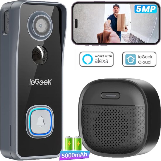 ieGeek 5MP Wifi-videodeurbel met camera - draadloze videodeurbel met gong - nachtzicht - 2-weg audio - PIR-persoonsherkenning