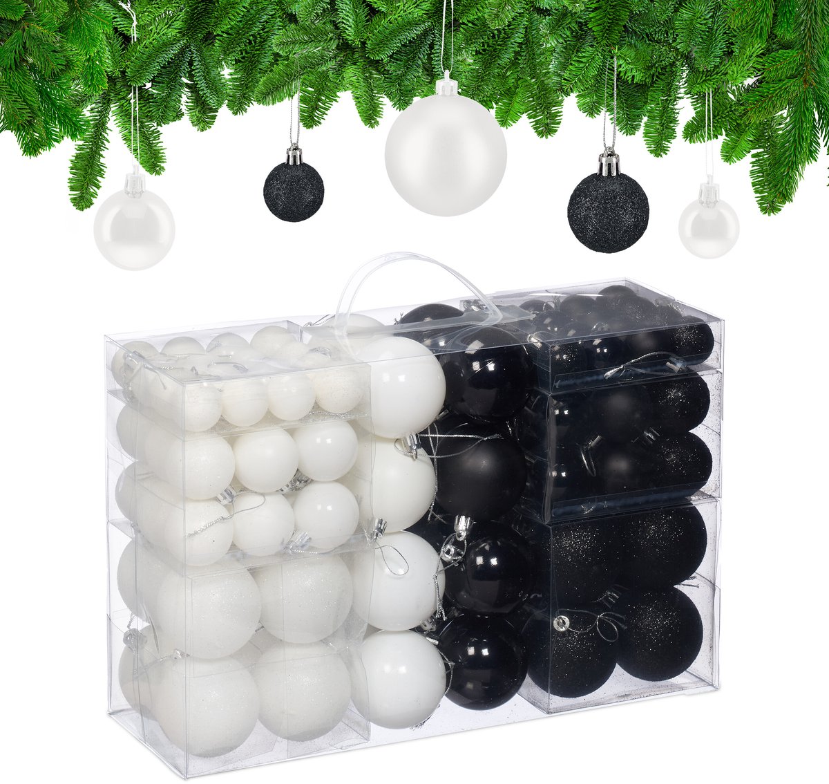 kerstballen - set van 100 - ∅ 3, 4, 6 cm - kunststof - zwart-wit