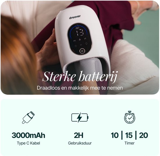 Een persoon gebruikt een draadloos wit Dreaver handmassageapparaat met een digitaal display. De tekst 'Sterke batterij' staat eronder, met specificaties: 3000mAh, Type C Kabel, 2 uur gebruiksduur en een timer van 10, 15, 20 minuten.