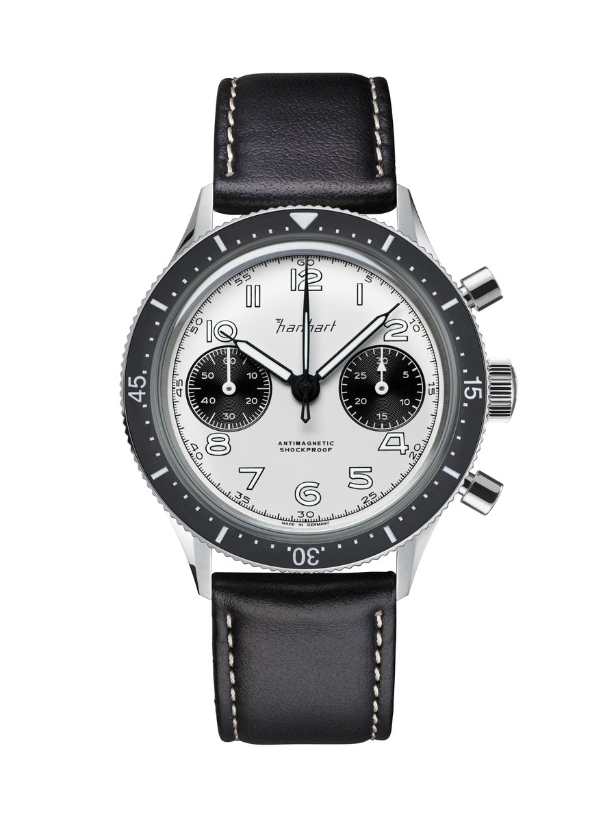 Hanhart 415 ES Panda - Horloge - zwarte lederen band - 39 mm