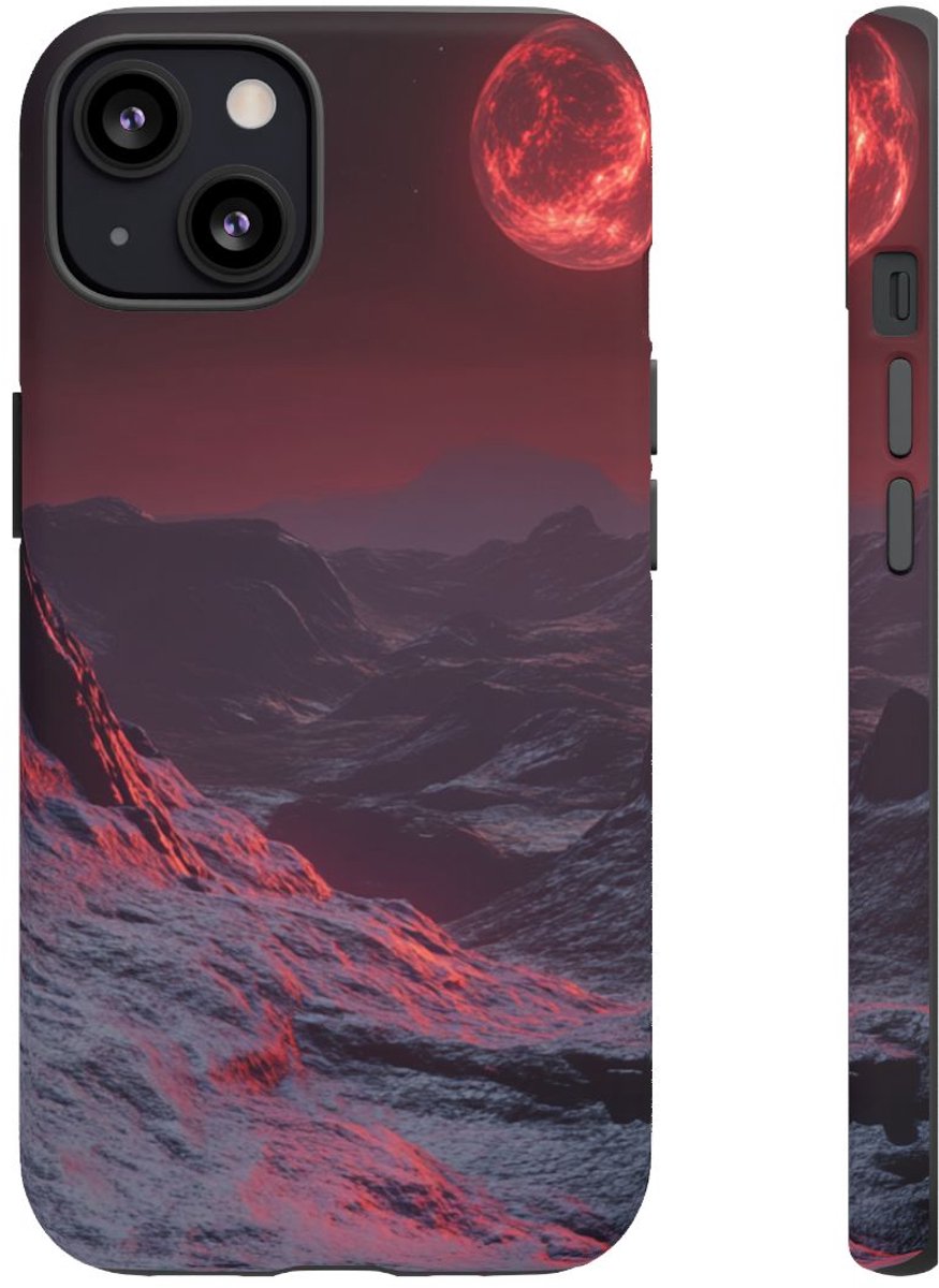 Bergachtig Landschap met Rode Maan – Telefoonhoesje Geschikt voor iPhone 13