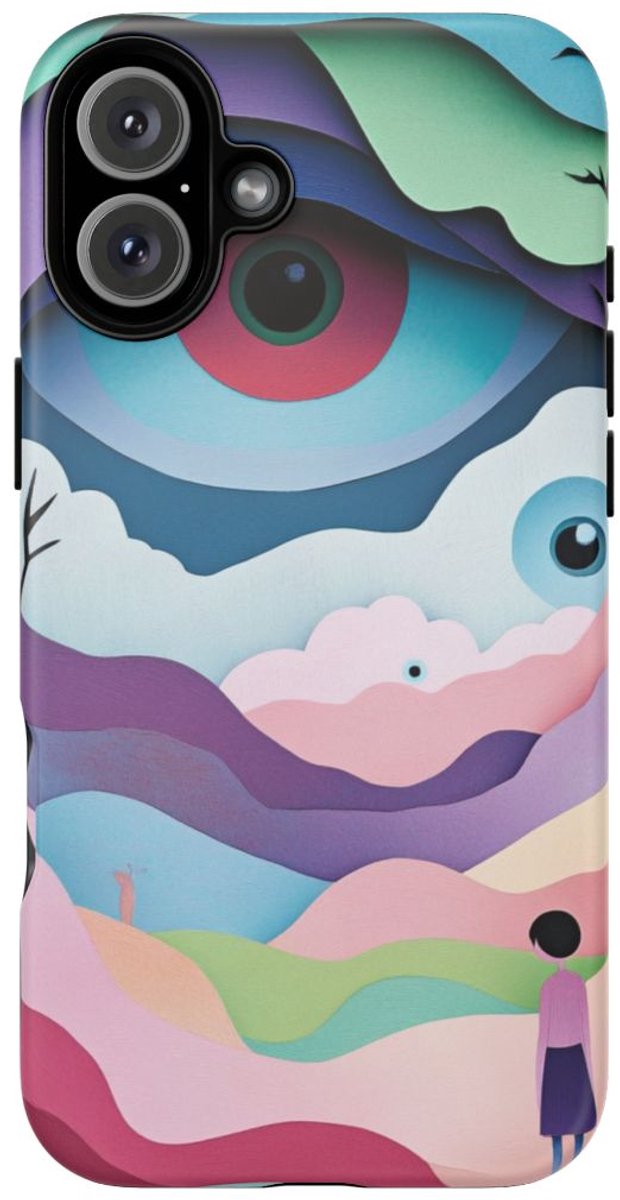 Surrealistisch Landschap met Zwevende Ogen – Telefoonhoesje Geschikt voor iPhone 16 Plus