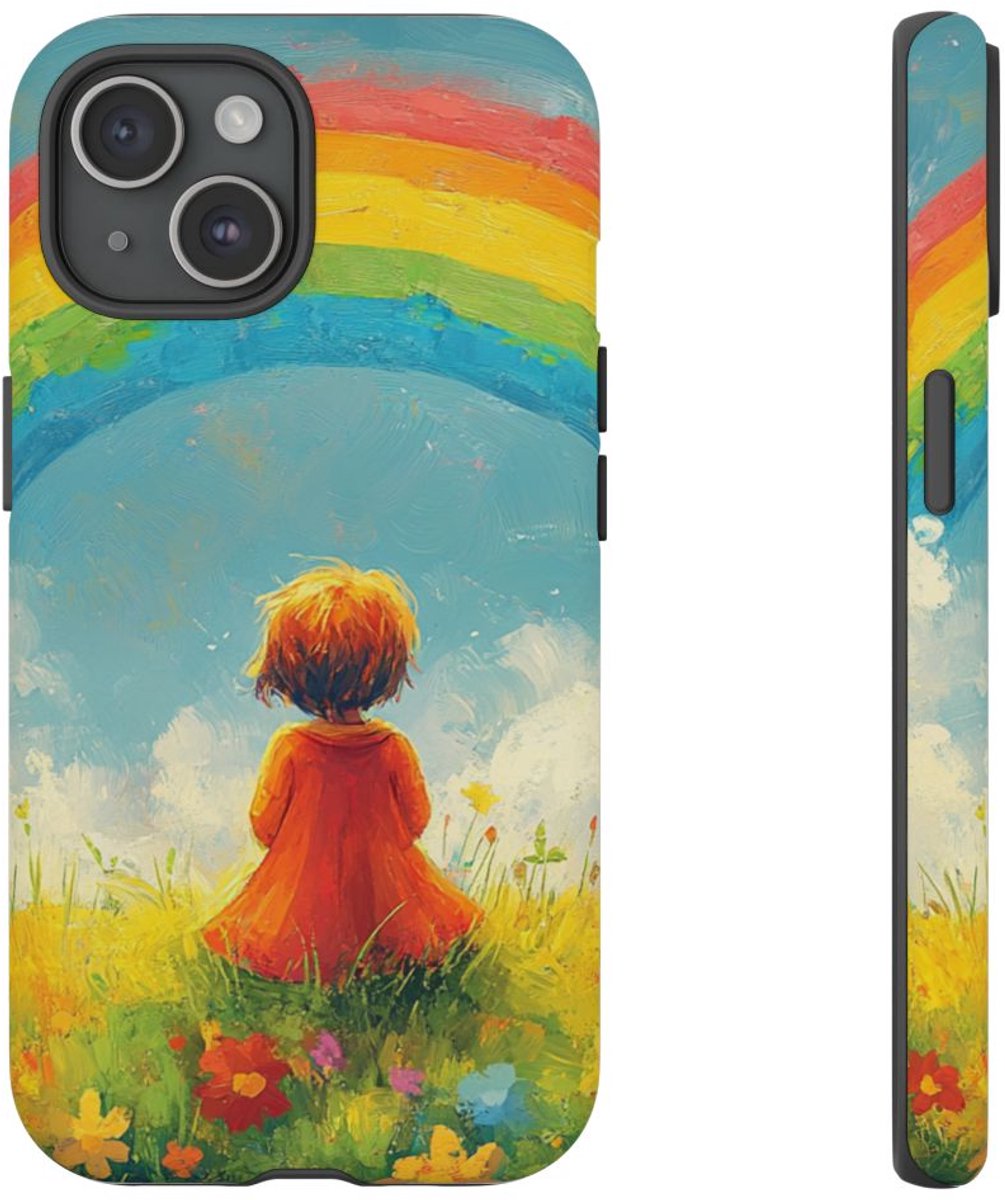 Kind Kijkend naar Regenboog – Telefoonhoesje Geschikt voor iPhone 15