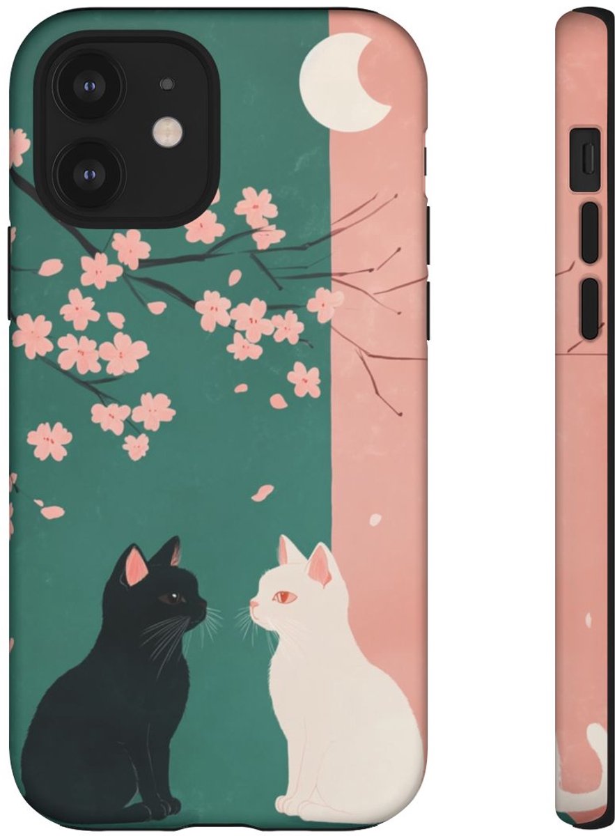 Zwarte en Witte Katten met Sakura Bloesem – Telefoonhoesje Geschikt voor iPhone 12