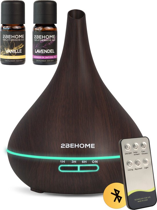 2BEHOME Aroma Diffuser met 2 Etherische Oliën & Afstandsbediening - 550ML - Aroma Diffuser Luchtbevochtiger - Etherische olie diffuser - Essentiele olie Aromadiffusers - Geurverspreider voor Aromatherapie - Donkere Houtlook