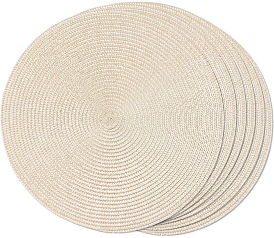 Set van 6 ronde geweven placemats - wasbaar - antislip - 15" (beige)